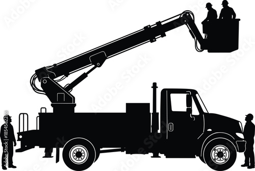 Utility Bucket Truck Silhouette, Electrician Workers on Hydraulic Lift, Industrial Maintenance Vehicle, Power Line Service, Construction Truck, Engineering Repair Work (20 words)