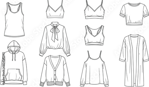 Women clothing fashion icon set featuring hoodies, cardigans, tank tops, bras, and elegant blouses in a minimalist black line art.