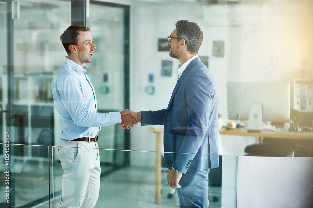 Obraz premium Deal, business men and handshake in office for legal aid, client representation and thank you. Defense attorney, happy person and shaking hands at law firm for case support, advocacy or trial justice