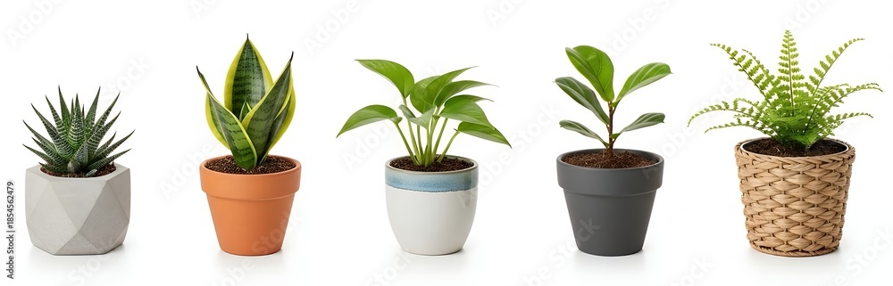 Fototapeta premium Variety of potted green houseplants isolated on a white background.