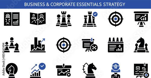 Collection of business and corporate strategy icons, including chess pieces, targets, charts, and presentation boards.