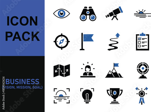 Business vision mission goal icon pack with various symbols for strategy, planning, and achievement, featuring eye, binoculars, compass, flag, and trophy.
