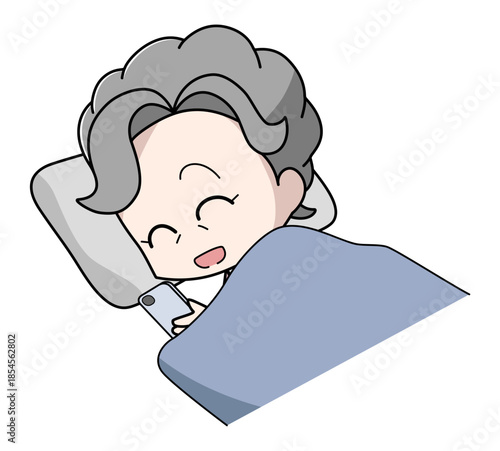 寝ながらスマートフォンを操作する笑顔の高齢女性のイラスト