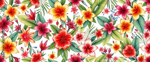Hand-drawn botanical seamless pattern featuring exotic flowers and leaves, ideal for textile and surface design,  colorful,  vintage
