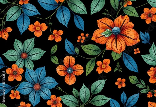 Intricate vintage floral pattern; blue, orange, green leaves & flowers on dark background,  intricate,  artwork