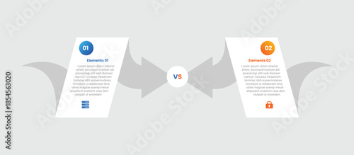 2 points comparison versus infographic with gradient style with skew box rectangle with arrow clash opposite with 2 elements stages