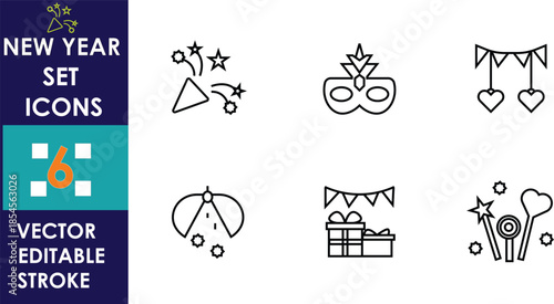 Minimal New Year set icons showing party hats, masks, banners, gifts, balloons, confetti, editable stroke vector line style for festive celebration designs projects graphics