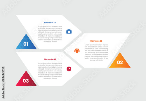 3 points infographic with gradient style with sharp triangle box with badge vertical opposite direction with 3 elements stages