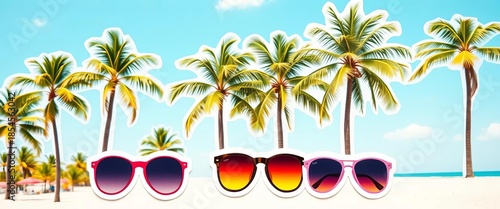 Vibrant summer stickers featuring palm trees and sunglasses; ideal for journals & digital projects, beach, hot