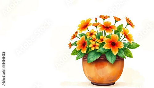 Whimsical folk art watercolor flower pot; vibrant orange & yellow blooms, green leaves, textured pastel background,  desi,  botanical