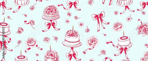 Vintage sketch style seamless pattern featuring wedding cakes and ribbons in a coquette aesthetic,  backdrop,  pastry