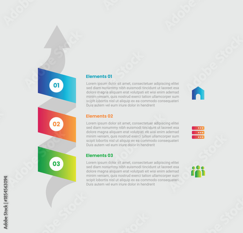3 points infographic with gradient style with vertical arrow smooth direction with ribbon badge and stacked list with 3 elements stages