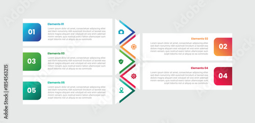 5 points infographic with gradient style with long rectangle box with arrow edge opposite direction on vertical list with 5 elements stages
