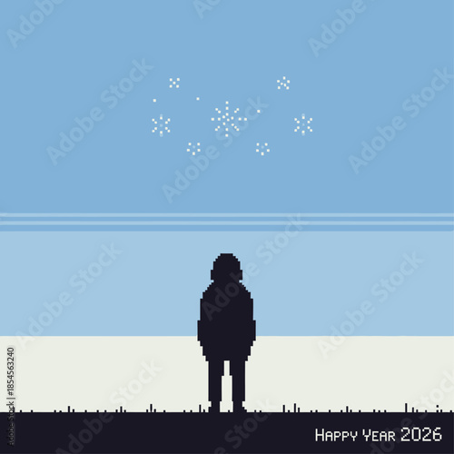 A solitary figure in pixel art style gazes at falling snowflakes, contemplating the serene winter landscape and the hopeful arrival of a new year, 2026, against a minimalist blue sky