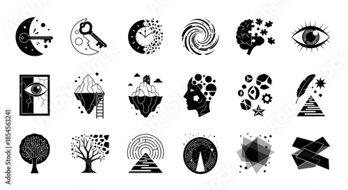 Abstract symbols representing concepts like time, mind, dreams, and journey, ideal for creative design projects and innovative branding.