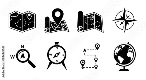 Essential navigation icons for travel, exploration, and adventure, including maps, compasses, globes, and location markers, ready for your next journey