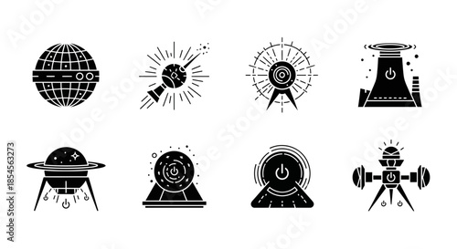Futuristic icons representing space exploration, technology, and power, perfect for modern design and digital applications