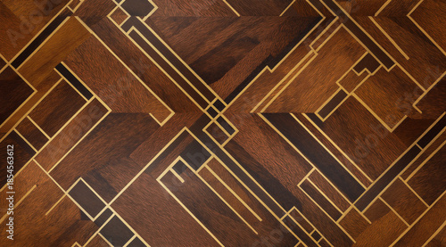 Intricate Geometric Wood Pattern: a close-up of an exquisite, geometric pattern meticulously inlaid within a wooden surface, showcasing the beauty of craftsmanship.