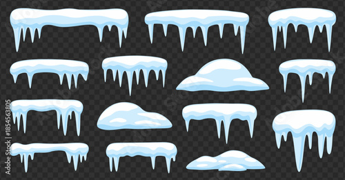 Snow and Icy snow cap set with frozen winter edges and icy hanging shapes, border frozen frame, ice melt isolated on transparent background