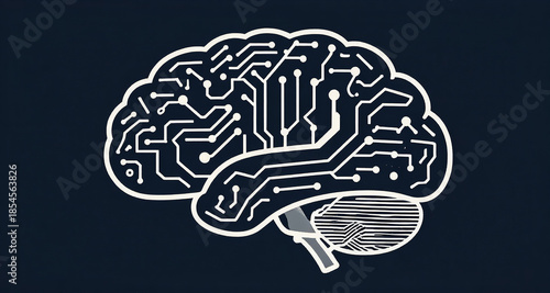 Minimalist 2D flat vector illustration of Brain outline formed by printed circuit board traces, flat vector style, clean lines, isolated on white background, modern graphic design concept...