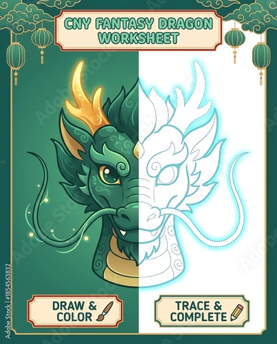 A creative coloring  tracing symmetry worksheet featuring a majestic fantasy dragon. This engaging activity encourages artistic expression through tracing and coloring, ideal for cultural festivities.
