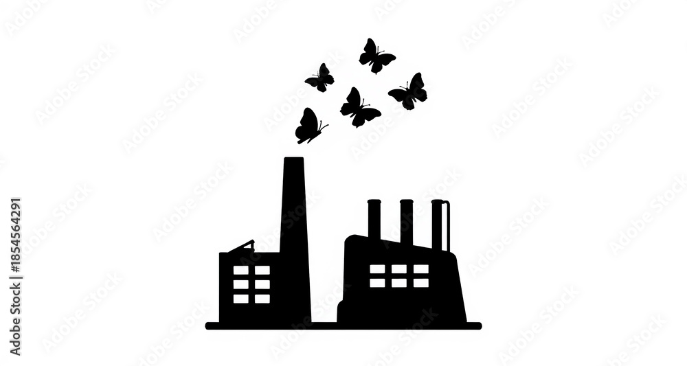 Obraz premium Minimalist 2D flat vector illustration of Factory silhouette emitting butterflies instead of smoke, flat vector, clean lines, isolated on white background, modern graphic design concept a...