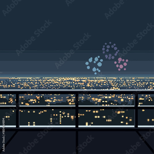 Mesmerizing pixel art cityscape at night, showcasing a vibrant urban panorama with distant fireworks illuminating the twilight sky, an impressive digital illustration of an evening celebration