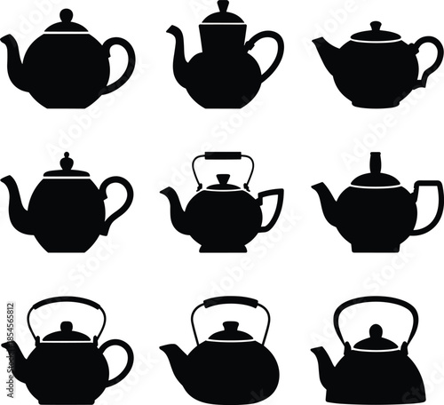 Nine black teapots with different shapes and lids silhouette