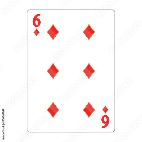 Six of diamonds. Playing card with golden elements. Casino icons. Pictograms representing different suits. Vector illustration. Flat design for modern visual elements.