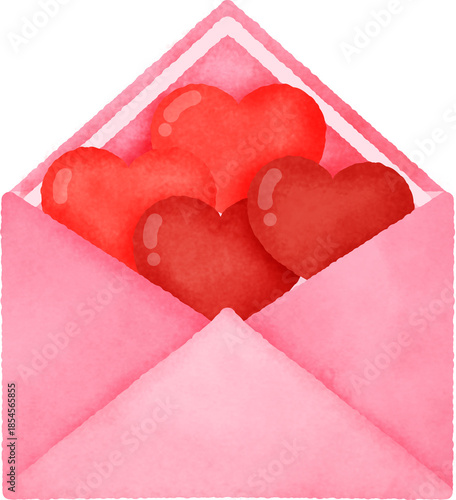 A pink envelope with four hearts inside