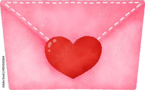 A pink envelope with a red heart on it