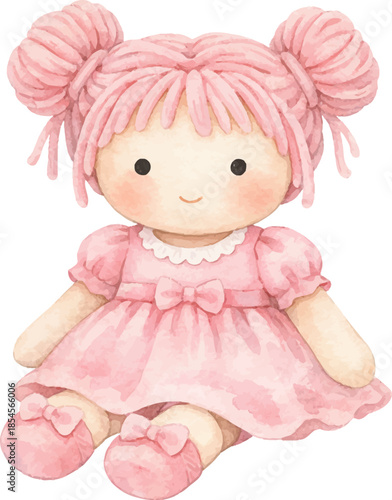 Soft pink rag doll with bows, cute plush toy girl in pastel dress and slippers