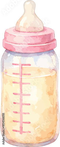 Baby milk bottle with pink cap, watercolor illustration of infant feeding container