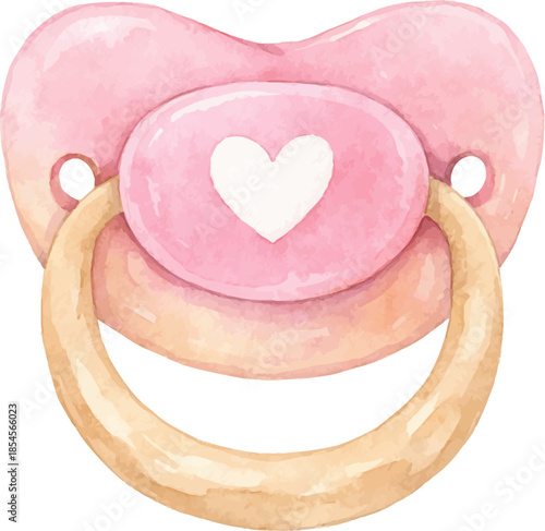Pink baby pacifier illustration with heart motif, cute newborn accessory, infant care symbol