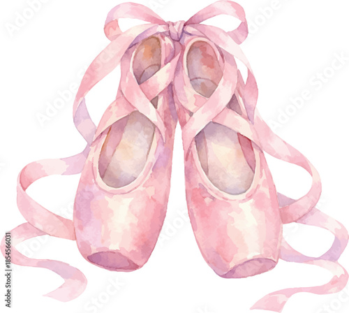 Pink ballet pointe shoes with long satin ribbons in soft watercolor illustration