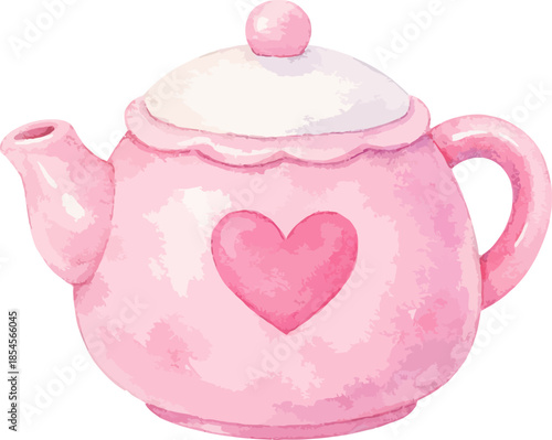 Pink teapot with heart symbol cute pastel kitchen utensil, romantic cozy tea time, watercolor illustration