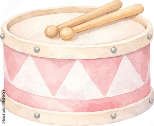 Pink toy drum with wooden drumsticks watercolor percussion instrument for children's music