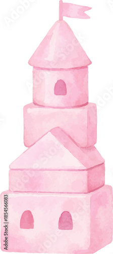Pink watercolor castle tower with flag cute fairytale fortress illustration for kids design