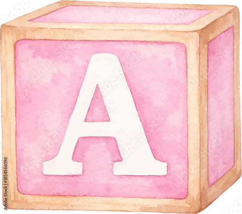 Pink wooden alphabet block with letter a, pastel watercolor illustration