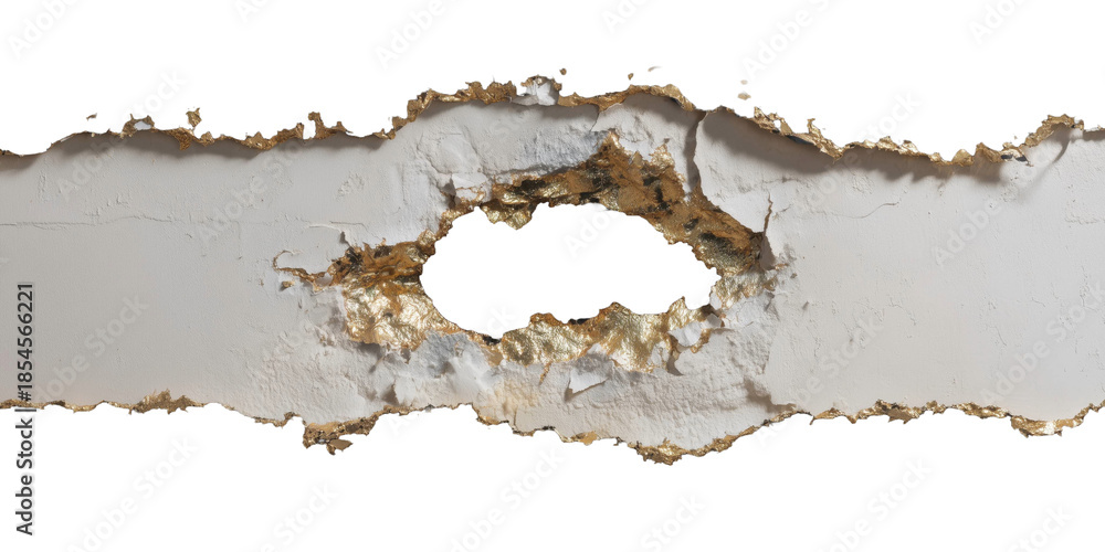 Obraz premium Damage on the surface: A close-up view reveals a section of a surface, marred by a significant hole and signs of damage. The edges are rough and deteriorated.