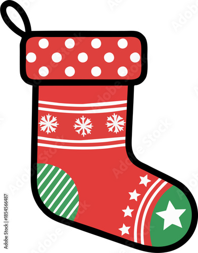 Decorative Red Christmas Stocking with Snowflakes, Green Ornament, and Star Accents – Bold Vector Art