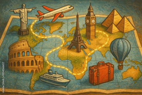 World Landmarks Travel Destinations Illustrated Map in Vintage Aesthetic Style