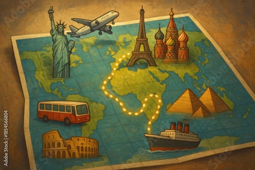 World Landmarks Travel Map Illustration Featuring Global Tourism Destinations and Icons