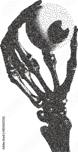 Skeleton vintage y2k stipple art, hand halftone stipple brutalist retro vector png with transparent background, bony 2000s aesthetic photocopy effect tattoo