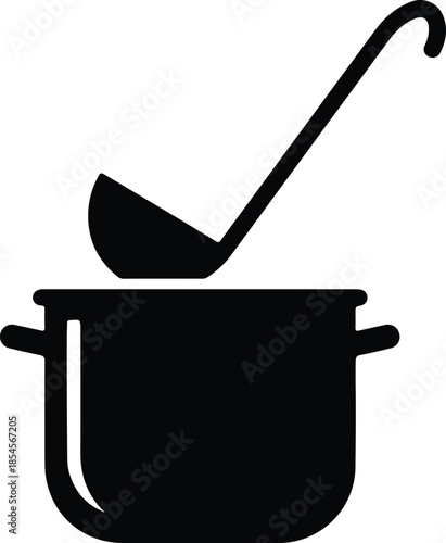 Silhouette Cooking Pot with Ladle Kitchen Utensil Flat Design Vector Illustration