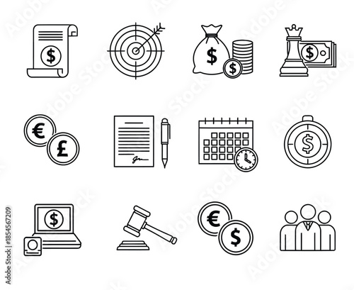 Comprehensive Finance and Business Icons Set Featuring Money, Contracts, Calendar, and Team Imagery