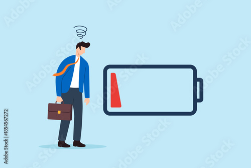 Flat illustration of tired businessman standing beside low battery symbolizing exhaustion burnout stress and lack of energy at work