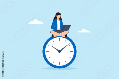 Flat illustration of woman sitting in yoga pose on clock working on laptop symbolizing time management mindfulness and stress free productivity