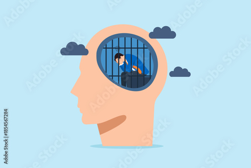 Flat illustration of businessman trapped in cage inside human head symbolizing overthinking anxiety stress mental prison and negative thoughts