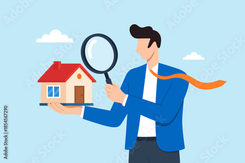 Flat illustration of businessman inspecting house with magnifying glass symbolizing real estate analysis property inspection and home valuation